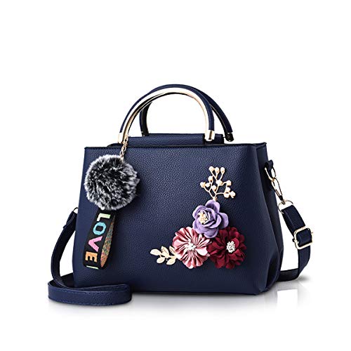 Women's Dark Blue Leather Designer Handbag with Floral Handle