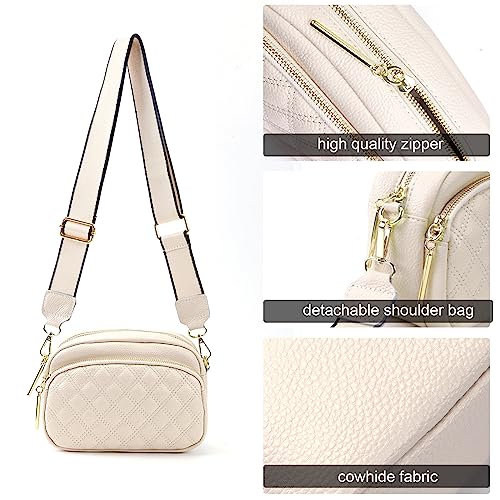 Leather Crossbody Bag with Adjustable Strap - Beige