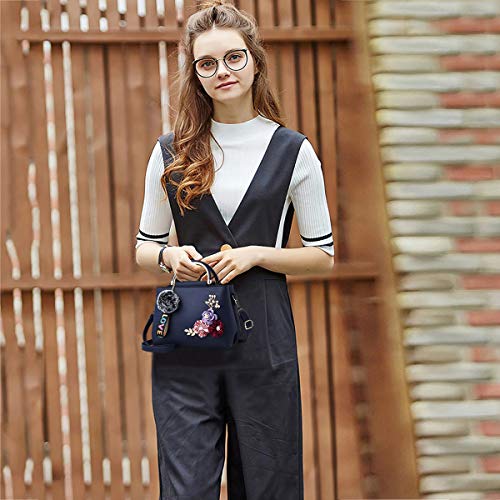 Women's Dark Blue Leather Designer Handbag with Floral Handle