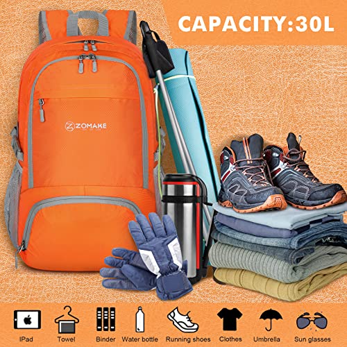 ZOMAKE 30L Lightweight Packable Hiking Backpack - Orange