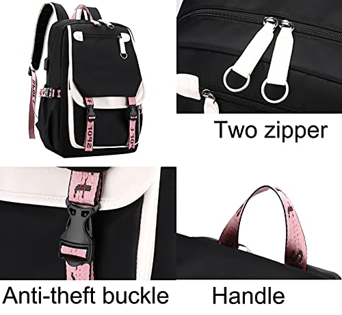 Designer Teen Girl Backpack with USB Charge Port (White Black)