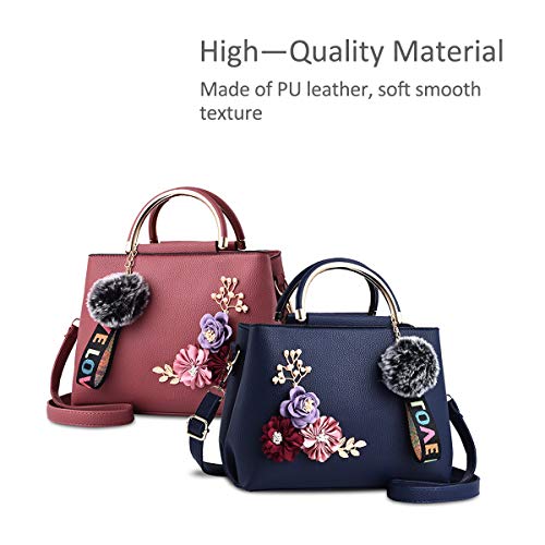 Women's Dark Blue Leather Designer Handbag with Floral Handle