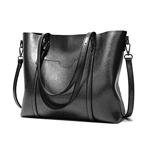Vintage Black Leather Tote: Women's Large Capacity Handbag