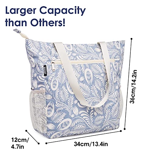 WANDF Floral Beach Tote: Blue Leaf Designer Shoulder Bag