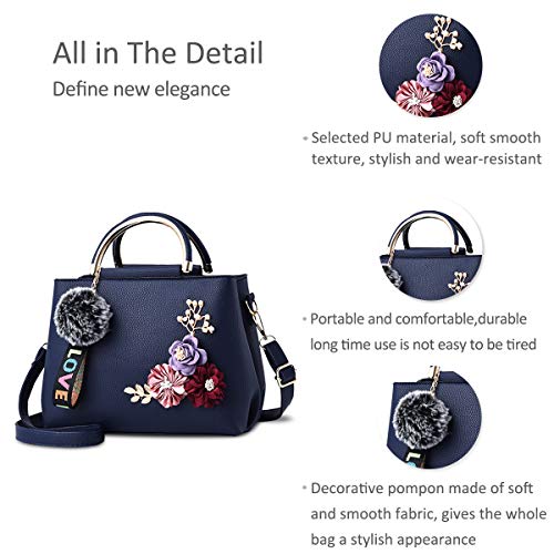 Women's Dark Blue Leather Designer Handbag with Floral Handle