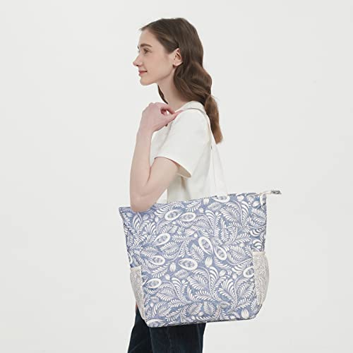 WANDF Floral Beach Tote: Blue Leaf Designer Shoulder Bag