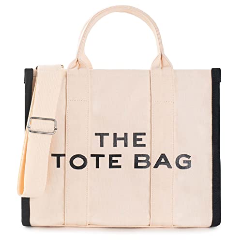 Designer Canvas Tote Bag with Crossbody Strap - Beige