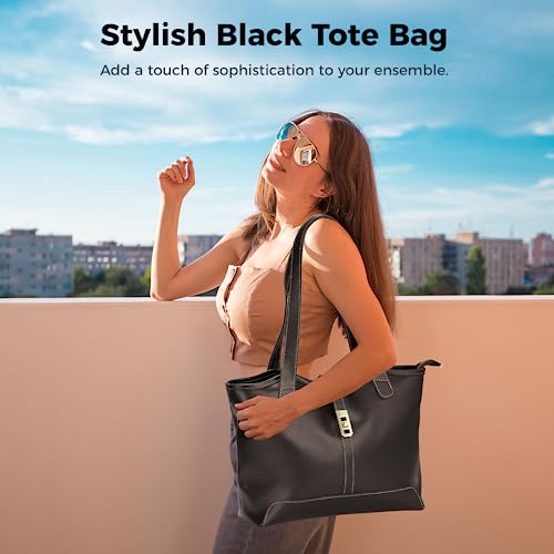Black Designer Handbag with Zipper Pocket and Laptop Compartment
