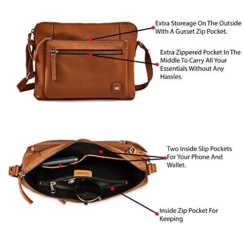 Premium pebbled leather crossbody handbag for women - Cognac