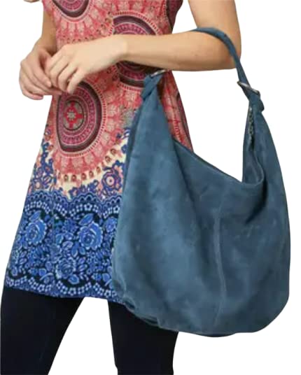 Italian Suede Slouch Tote with Ring Buckle Handle (Brown)