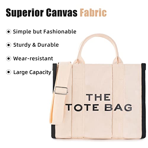 Designer Canvas Tote Bag with Crossbody Strap - Beige