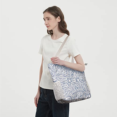 WANDF Floral Beach Tote: Blue Leaf Designer Shoulder Bag