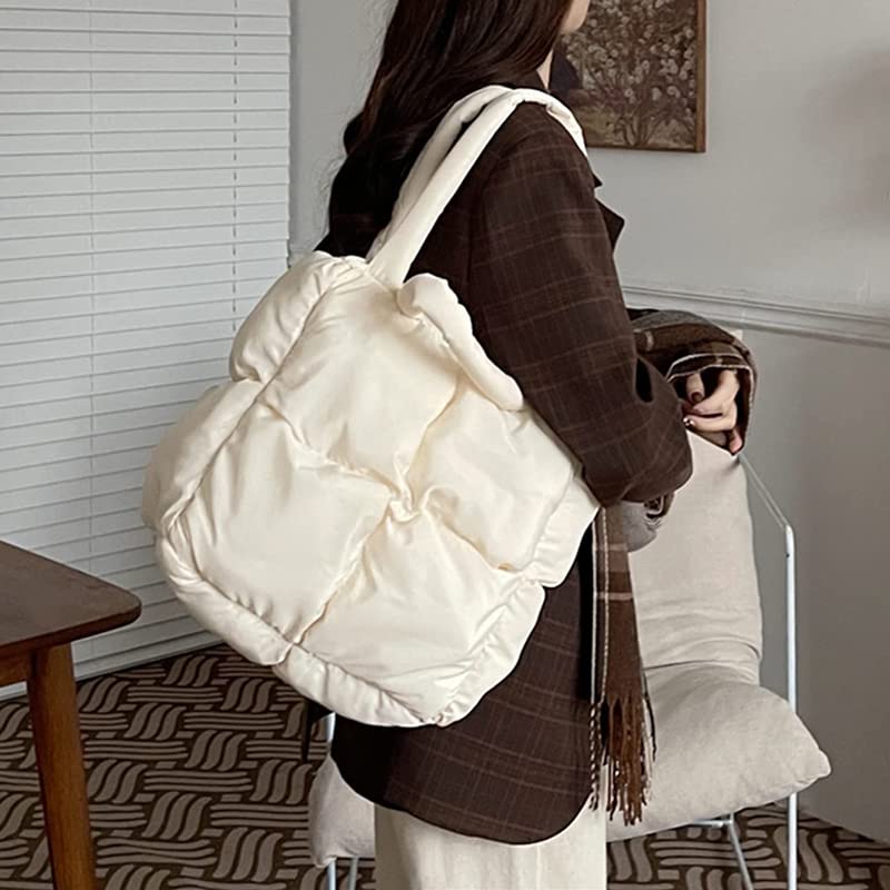 Retro White Women's Quilted Tote Handbag with Zipper