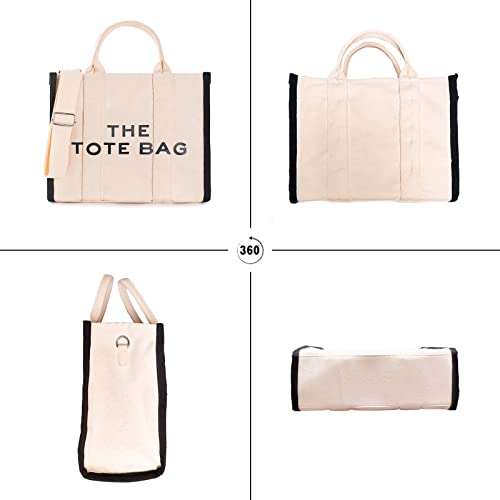 Designer Canvas Tote Bag with Crossbody Strap - Beige