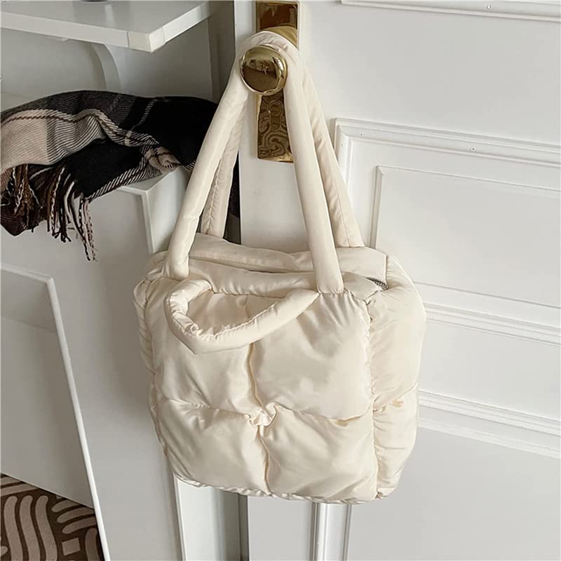 Retro White Women's Quilted Tote Handbag with Zipper