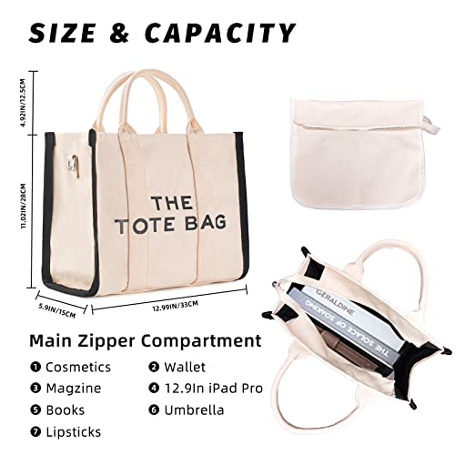 Designer Canvas Tote Bag with Crossbody Strap - Beige