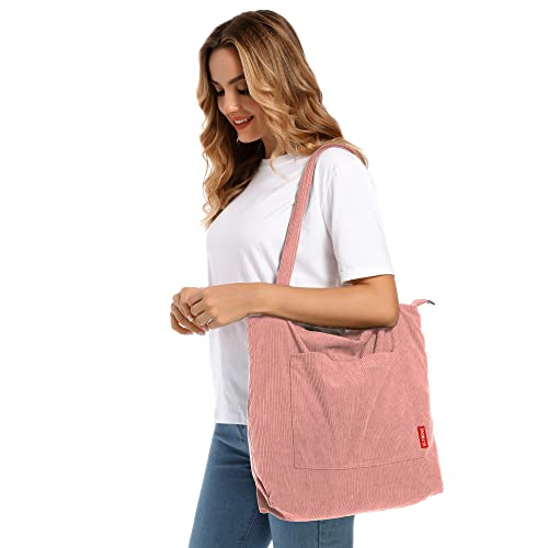 Large Pink Corduroy Tote Bag for Women