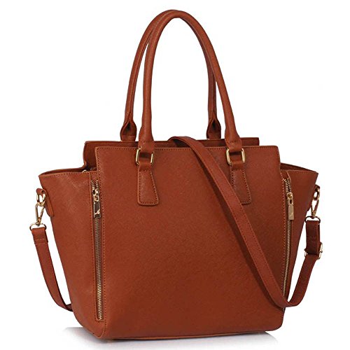 Large Designer Faux Leather Tote Bag - Brown
