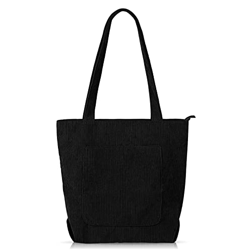 Women's Cord Tote Bag with Zipper - Black