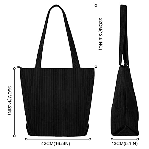 Women's Cord Tote Bag with Zipper - Black