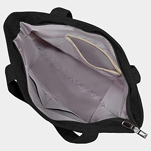 Women's Cord Tote Bag with Zipper - Black