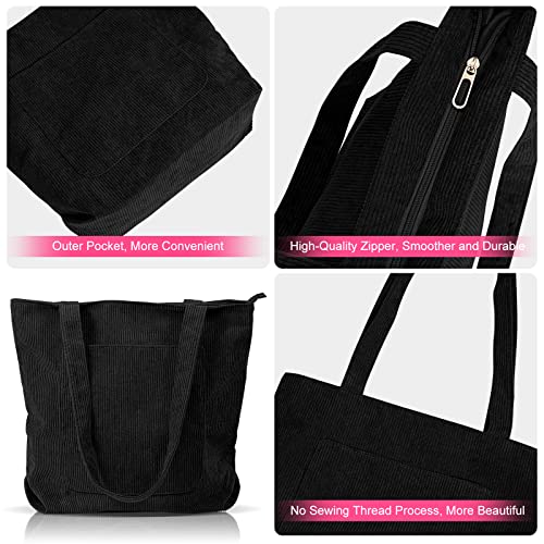 Women's Cord Tote Bag with Zipper - Black