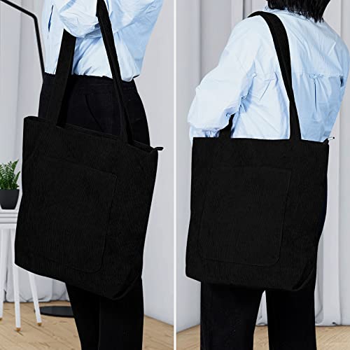 Women's Cord Tote Bag with Zipper - Black