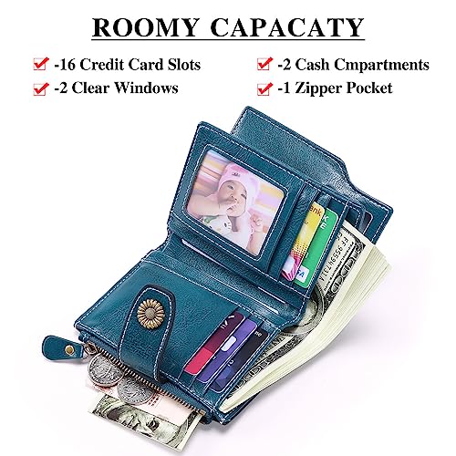 PEACOCK BLUE Designer Wallet: Soft Leather, RFID, 16 Card Slots