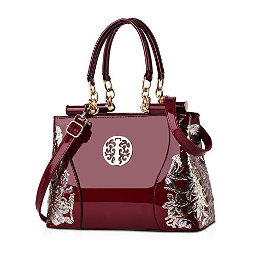 NICOLE & DORIS Patent Leather Designer Handbag - Red Wine