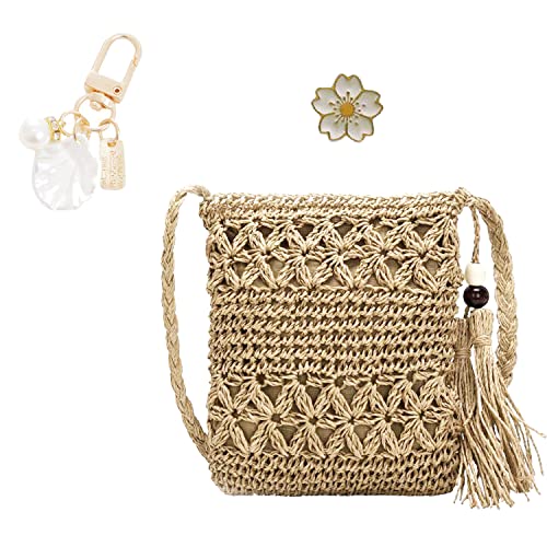 NINVVS Ladies Straw Bag: Shell Keychain & Cherry Blossom