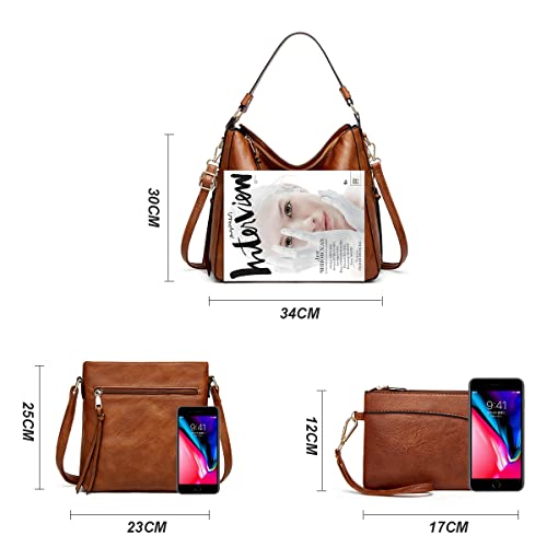 Pahajim Leather Shoulder Tote Handbag Set - Brown