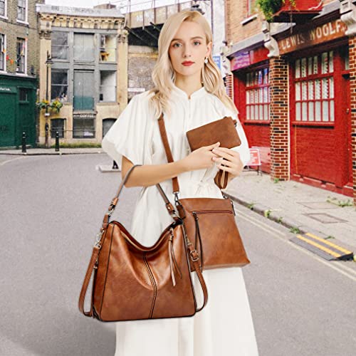 Pahajim Leather Shoulder Tote Handbag Set - Brown
