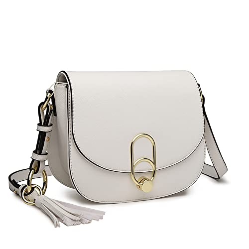 Miss Lulu Fashion Tassel Crossbody Handbag with Lock (White)