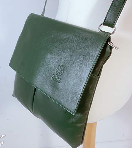 LeahWard Double Pocket Leather Messenger Handbag (Dark Green)