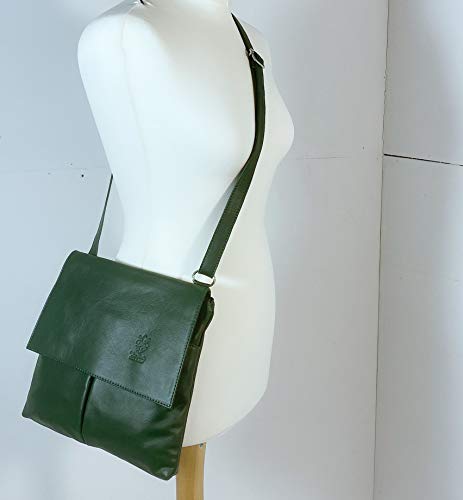 LeahWard Double Pocket Leather Messenger Handbag (Dark Green)