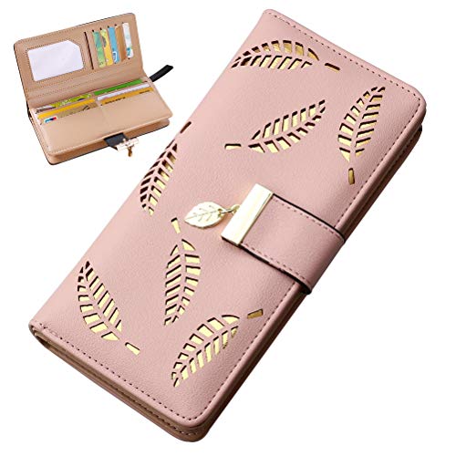 Pink Leather Wallet with Leaf Pendant Coin Zipper