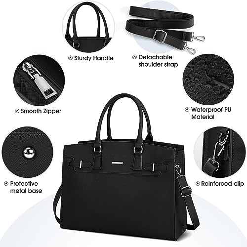KTMOUW Women's Large Leather Laptop Tote Bag - Black
