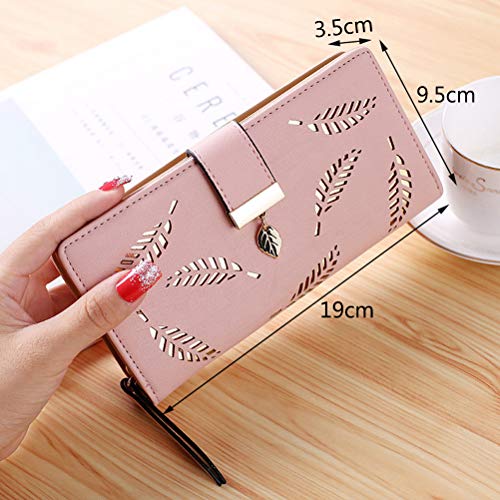 Pink Leather Wallet with Leaf Pendant Coin Zipper