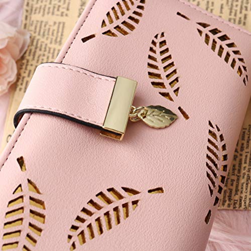 Pink Leather Wallet with Leaf Pendant Coin Zipper