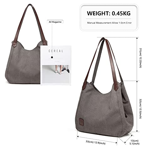Kono Grey Canvas Hobo Shoulder Bag in Vintage Style