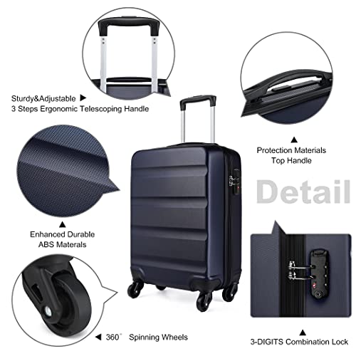 Kono Designer ABS Luggage: Navy Carry-on with Spinner Wheels