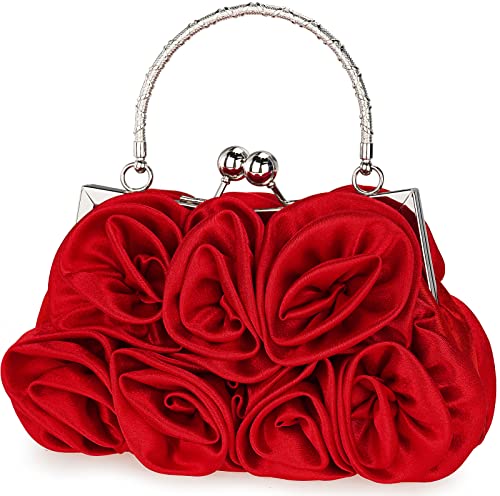 Red Satin Floral Clutch Bag for Women