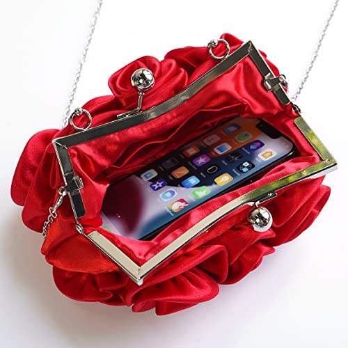 Red Satin Floral Clutch Bag for Women