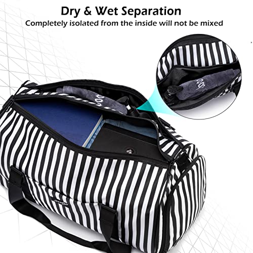 Waterproof Gym Bag with Shoes Compartment - Black/White Stripes