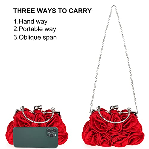 Red Satin Floral Clutch Bag for Women