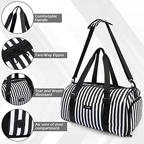 Waterproof Gym Bag with Shoes Compartment - Black/White Stripes