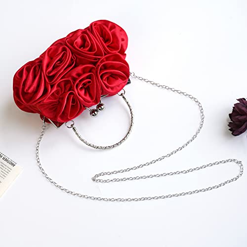 Red Satin Floral Clutch Bag for Women