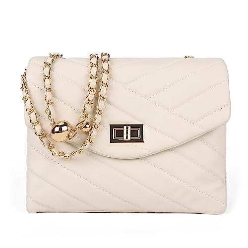 Women's Quilted Crossbody Handbag with Golden Chain - White