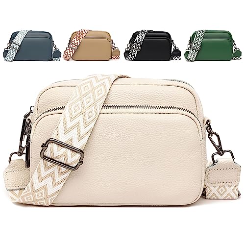 Beige Leather Crossbody Camera Bag for Women