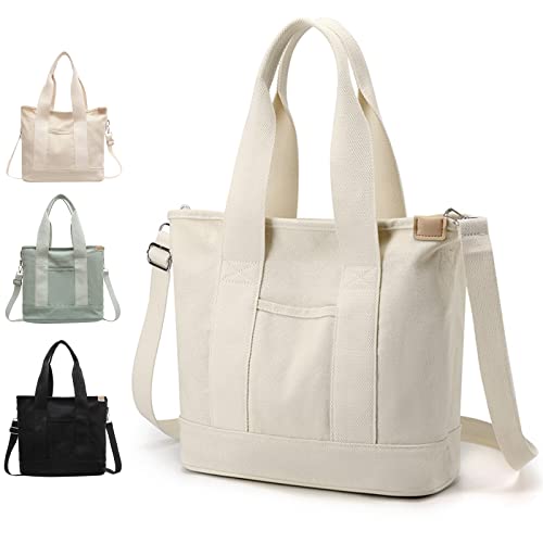Large Beige Canvas Tote Bag with Multi-Pockets